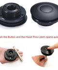 Quick latch hood pins universal kit with 2.44 inch diameter push button release, CNC machined black aluminum, shown uninstalled and in hand.