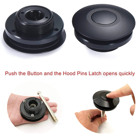 Quick latch hood pins universal kit with 2.44 inch diameter push button release, CNC machined black aluminum, shown uninstalled and in hand.