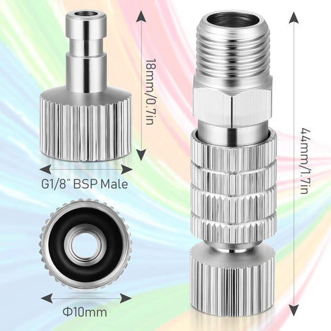 Five Piece Airbrush Quick Release Coupling Set With One Eighth Inch Female And Male Connectors For Air Hoses And Air Compressors Durable Metal Alloy Construction For Easy Tool Free Swaps And Efficient Painting.