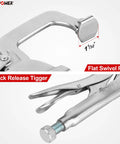 Close-up of 11 Inch Bench Clamp Set For Welding Tables With Inserta Pliers And Table Mount Locking C Clamps Pack Of 2 showing flat swivel pad