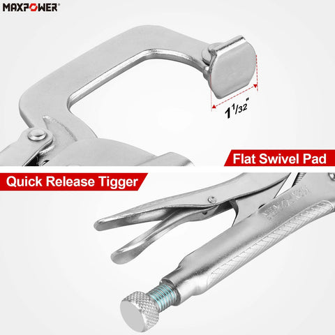 Close-up of 11 Inch Bench Clamp Set For Welding Tables With Inserta Pliers And Table Mount Locking C Clamps Pack Of 2 showing flat swivel pad