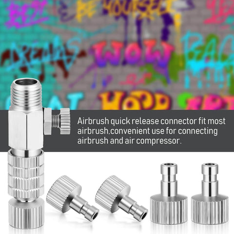Quick Release Coupling Kit For Spray Gun Hoses, DIY Friendly 1/8 Inch BSP Male And Female Connectors displayed with graffitied wall.