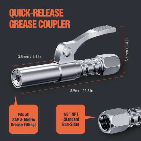 Grease Gun Coupler 2-Pack Quick Release Tips With One-Hand Operation, 6-Jaw Locking, Fits One-Eighth NPT Thread, SAE And Metric