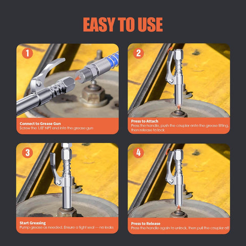 Step-by-step guide for using Grease Gun Coupler 2-Pack Quick Release Tips With One-Hand Operation, 6-Jaw Locking adapters.