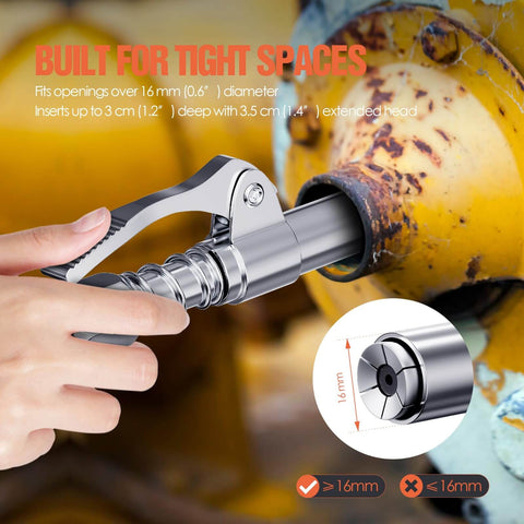 Grease Gun Coupler 2-Pack Quick Release Tips With One-Hand Operation, 6-Jaw Locking, inserted into equipment, close-up view