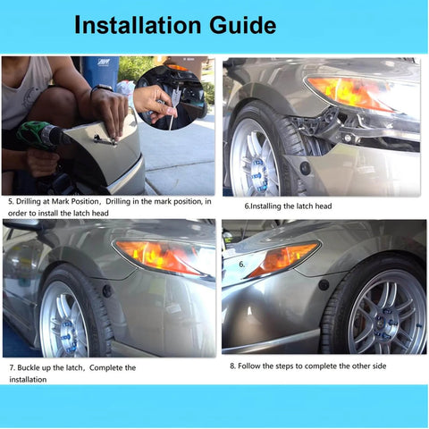 Installation guide for quick release latch license plate lock clip kit on vehicle bumper.