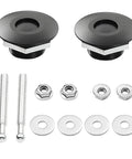 Quick release latch license plate lock clip kit with 1.25 inch black aluminum hood pins, T6 aluminum latches, and mounting hardware.