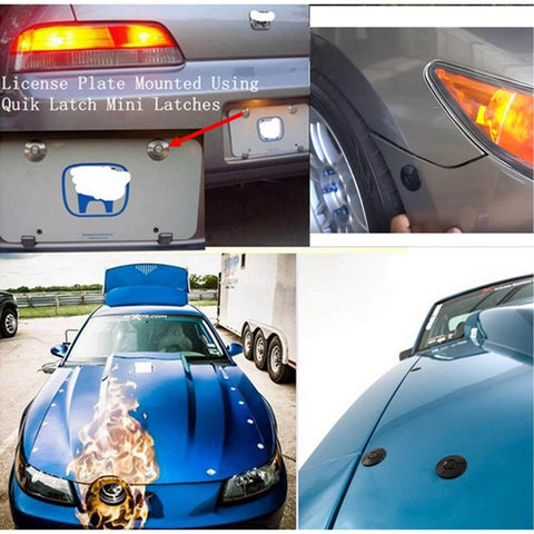 Quick release latch license plate lock clip kit on vehicles with 1.25 inch aluminum alloy hood pins, black finish T6 aluminum.