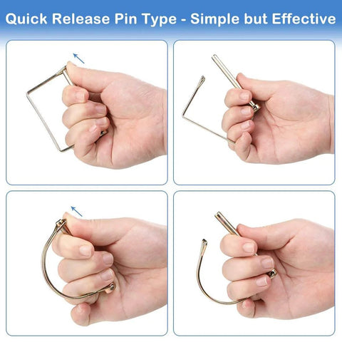 Hand holding 20 Piece Shaft Locking Pins Set One Quarter Inch Diameter Two And One Half Inch Length Square And Arch Safety Pins