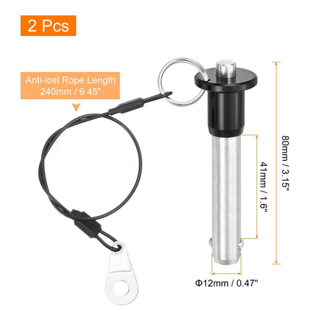 Two Pack Quick Release Pins Half Inch Diameter By One Point Six Inch Length Ball Locking Pins With Push Button and Wire