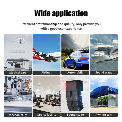 Illustration of wide applications for Heavy Duty Stainless Quick Release Pin VXCICC, including airlines, automobiles, and medical equipment.