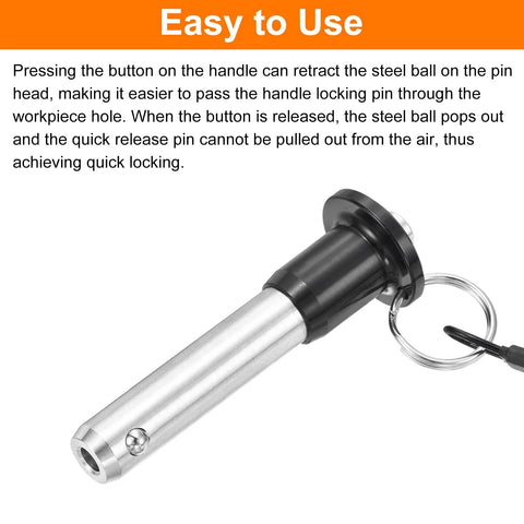 Close-up of Two Pack Quick Release Pins Half Inch Diameter By One Point Six Inch Length Ball Locking Pin with Push Button and Ring Handle