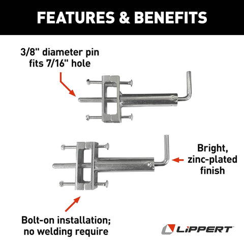 Quick Release Pull Pin For Fifth Wheel Landing Gear No Fuss One Time Install Keeps Leg Drop Easy And Smooth Works With All Jack Types Durable Silver Finish Ideal Upgrade For RVs And Trailers Heavy Duty Landing Gear shown with installation details.