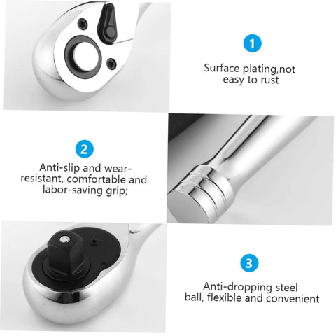 Close-up of Compact Quick Release Ratchet Wrench with Portable Socket Spanner features for auto repair and home use.