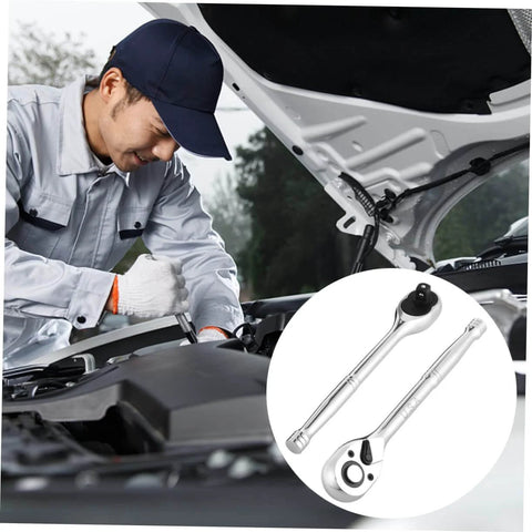 Compact Quick Release Ratchet Wrench with Portable Socket Spanner in use for auto repair, shown alongside product close-up.