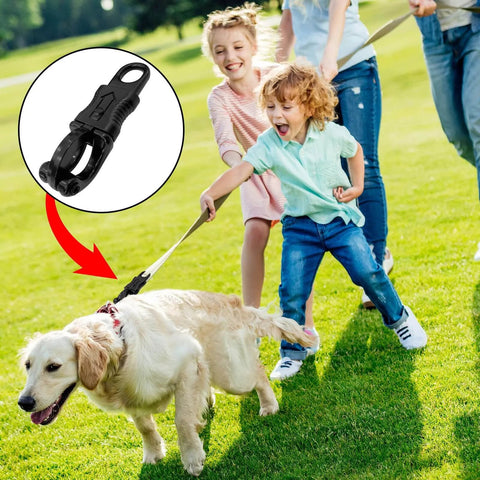 Children playing with a dog on a leash showing 5 Pack Quick Release Snaps With Fixed Eye Zinc Alloy Construction, inset detail.