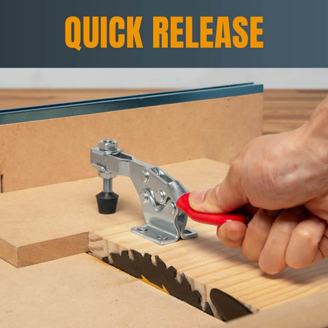 Hand using 8 Pack 300 Lbs 201B Quick Release Horizontal Toggle Clamps With Anti Slip Rubber Tips For Woodworking Jigs And Welding