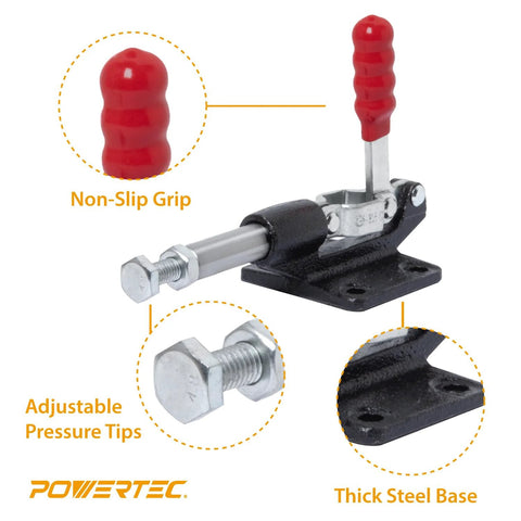 Front view of POWERTEC push-pull toggle clamp with red grip, thick steel base and mounting holes.