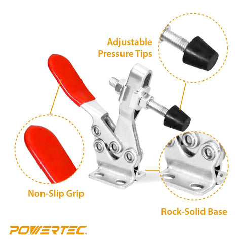 Built Tough 4 Pack Quick Release Toggle Clamps With 300 Lb Holding Capacity showing non-slip grip and adjustable tips Powertec 201B