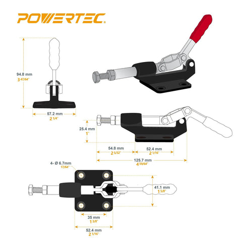 POWERTEC 2-pack push-pull toggle clamps; red handles, black bases, steel levers for welding/woodworking jigs.