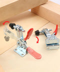 Pro Grade Quick Release Toggle Clamps 225D Set 15 Pack With 500lbs Holding Capacity for woodworking, showing clamps on wooden surface