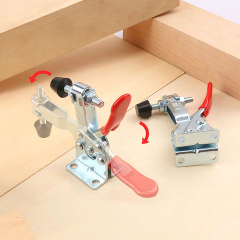 Pro Grade Quick Release Toggle Clamps 225D Set 15 Pack With 500lbs Holding Capacity for woodworking, showing clamps on wooden surface