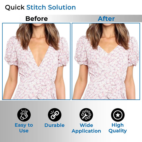 Quick Stitch Solution before and after on pink floral dress showing improved fit