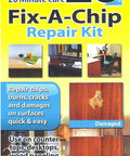 Quick 20 Minute Cure No Heat Fix A Chip Repair Kit package showing before and after surface repair results on wood.
