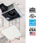 Ultra Quiet Bathroom Exhaust Fan With Easy Retrofit Without Attic Access 110 CFM 1 Sone Energy Star Certified Made In USA visible with grille and dimensions.