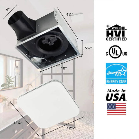 Ultra Quiet Bathroom Exhaust Fan With Easy Retrofit Without Attic Access 110 CFM 1 Sone Energy Star Certified Made In USA visible with grille and dimensions.