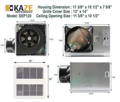 Ultra Quiet 120 CFM Bathroom Exhaust Fan With Energy Star Certification 0.3 Sones For Quiet Performance In Bathrooms Up To 120 Sq Ft Ceiling Opening Size 11 3 8 By 10 1 2 Inches KAZE Appliance SEP120 showing housing and grille cover size dimensions.
