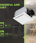 Quiet Ceiling Mount Bathroom Exhaust Fan With 80 CFM And 1.5 Sones White Finish Ideal For Small To Medium Bathrooms Up To 110 Sq Ft From Homewerks shown in installation environment with airflow and sone details highlighted
