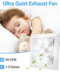 Quiet Bathroom Exhaust Fan With 90 CFM And 0.95 Sones For Fast Moisture Removal, 25W 110V Ceiling Mount, Square Ventilation