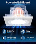 Quiet Square Bathroom Vent Fan With Light, 110 CFM, Adjustable LED Lighting, front view with airflow and motor specifications