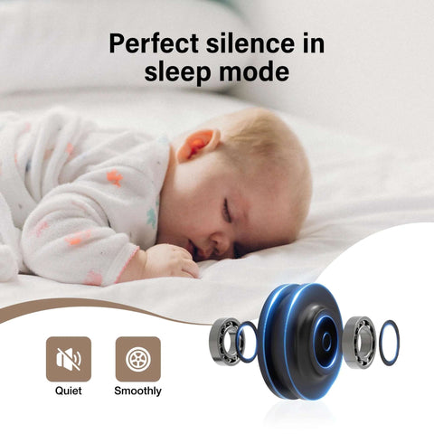 Sleeping baby and black wheel with blue light, annotated with 'Perfect silence in sleep mode', 'Quiet', and 'Smoothly'.