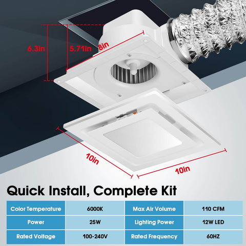 Super Quiet Ceiling Mount Bath Exhaust Fan With Light 110 CFM 1 Sones 4 Inch Duct Shower Vent And LED Light 6500K 30W 110 220V Safe Junction Box 3 Year Warranty, detailed view