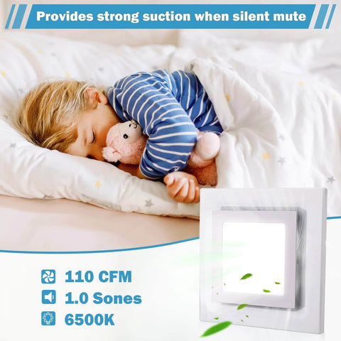 Super Quiet Ceiling Mount Bath Exhaust Fan With Light 110 CFM 1 Sones, showing LED light and features over sleeping child