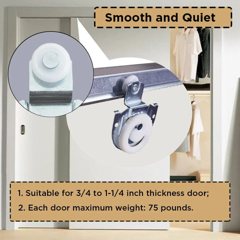 Quiet Sliding Closet Door Rollers Replacement Set Seven Eighths Inch Wheels For Wardrobe Cabinets Top Mounts Smooth Operation Upgrade Hardware For Three Quarters To One And One Quarter Inch Doors Includes Eight Pieces shown installed on door