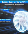 4 Inch Inline Duct Fan With 280 CFM Beast Mode Airflow showing fan blade design and noise level features, 30dB performance