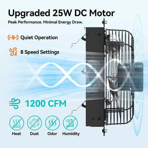 Side view of Shutter Exhaust Fan With Remote Control For Garage Shop Greenhouse Attic, 1250 CFM, 8 Speed EC Motor, showing airflow and features.