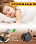 Child sleeping with text about low noise, featuring 2 Inch Ball Caster Wheels Heavy Duty Set of 4 Brass Antique Style 360 Degree Swivel