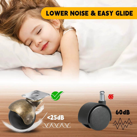 Child sleeping with text about low noise, featuring 2 Inch Ball Caster Wheels Heavy Duty Set of 4 Brass Antique Style 360 Degree Swivel