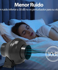 Powerful 4 Inch Inline Duct Ventilation Fan With 195 CFM And Variable Speed Controller For Hydroponics Grow Tent Toolazy Black Flanges model shown in a bedroom, highlighting quiet operation at 30 dB.