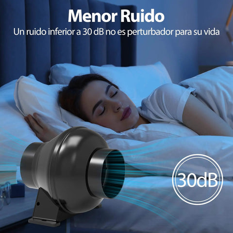 Powerful 4 Inch Inline Duct Ventilation Fan With 195 CFM And Variable Speed Controller For Hydroponics Grow Tent Toolazy Black Flanges model shown in a bedroom, highlighting quiet operation at 30 dB.