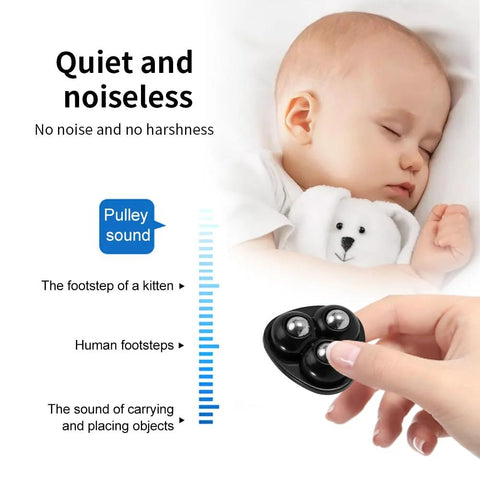 A hand holding 12 Pcs Self Adhesive Mini Caster Wheels For Small Appliances And Furniture, showcasing quiet operation next to sleeping baby.