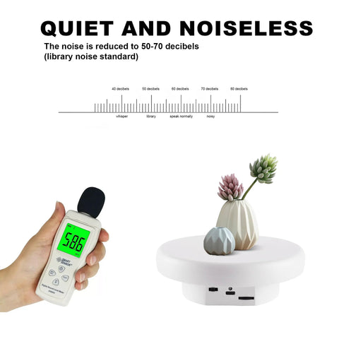 Rotating Display Stand Turntable Six Point Three Inch Spinning Stand For Jewelry Watches Cosmetics And Collectibles Ideal For Product Showcases Black Battery Powered With Non Rechargeable Batteries Included For Easy Display shown with decibel meter displaying 58.6