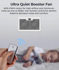 Quiet 6x10 Register Booster Fan For HVAC Vents With 10 Speeds Remote Control And Thermostat Control White in bedroom setting.