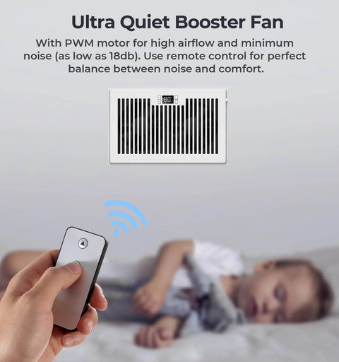 Quiet 6x10 Register Booster Fan For HVAC Vents With 10 Speeds Remote Control And Thermostat Control White in bedroom setting.