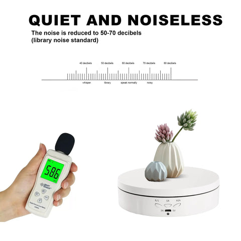 White Rotating Display Stand With USB And Battery Power shown with noise level meter reading 58.6 decibels and small vases.