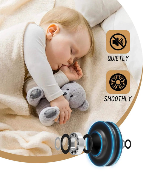 Quiet sliding technology for Double Sliding Barn Door Hardware Kit - 12 FT Black Heavy Duty Steel, shown with baby sleeping soundly.
